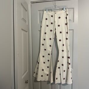Star-Patterned Flare Pants - White and Brown